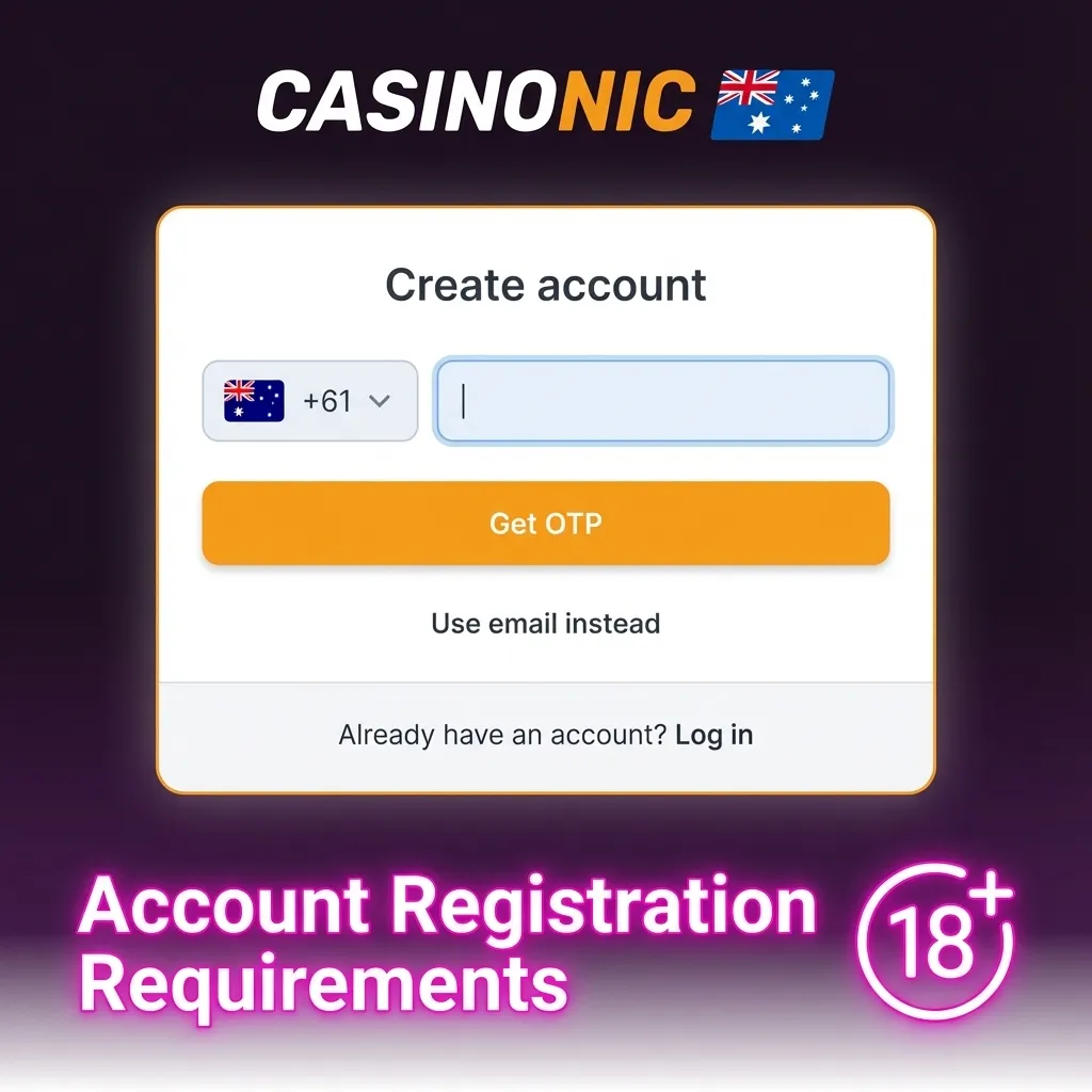 Checklist-style graphic showing Casinonic Australia account registration rules, including age, residence, ID and one-account policy
