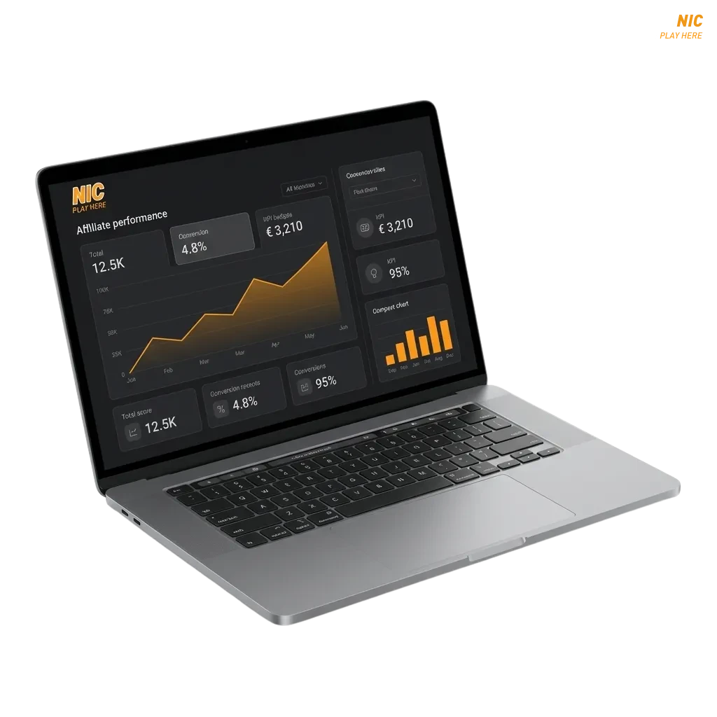 Casinonic Affiliate Program banner promoting commissions from Australian casino traffic with charts, coins and partnership visuals