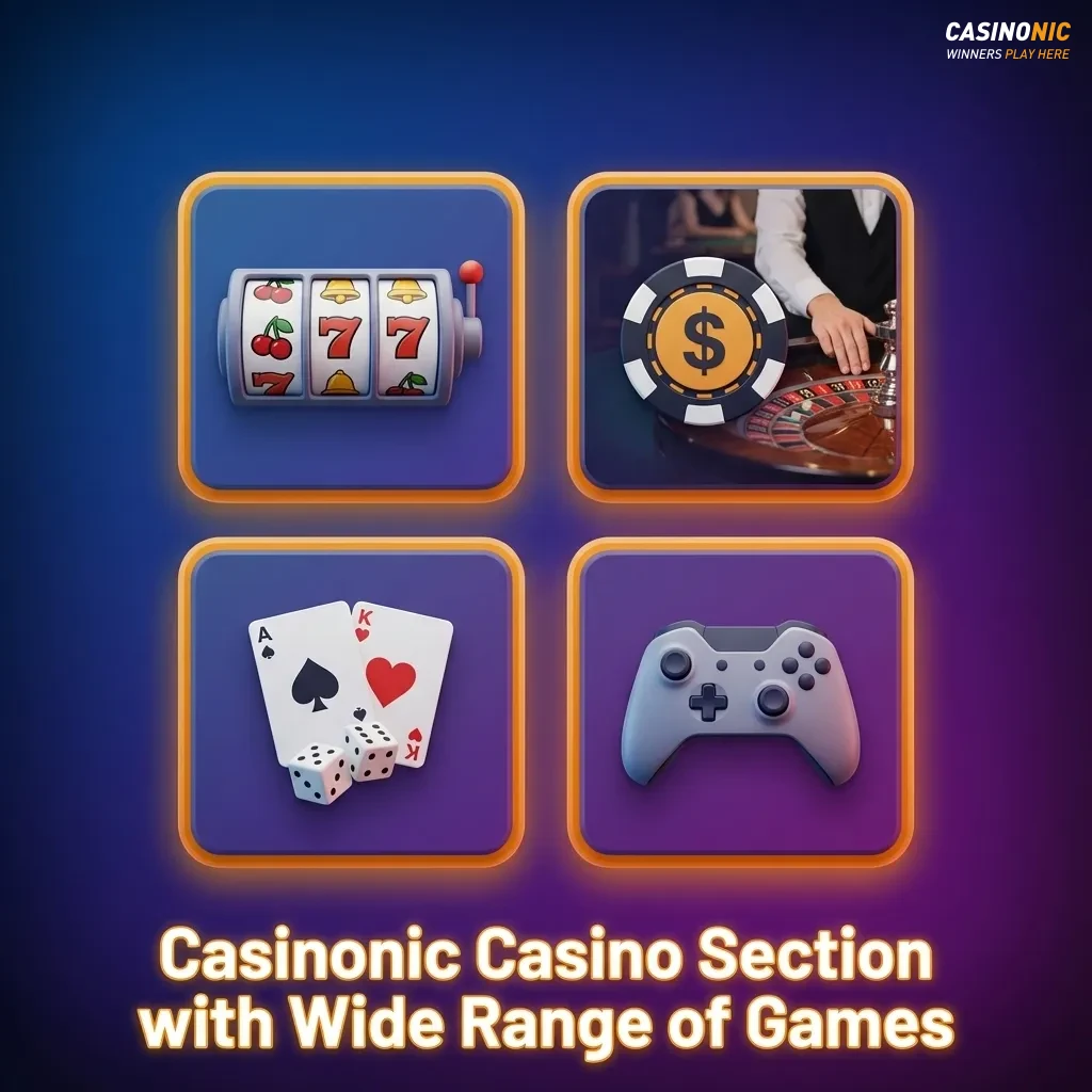 Casinonic Casino lobby screen showing slots, table games, roulette, blackjack, video poker, instant and jackpot categories.