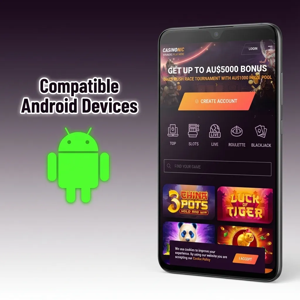 Casinonic app on modern Android phones and tablets in Australia, with logos of Samsung, Google Pixel, OPPO, Xiaomi and others