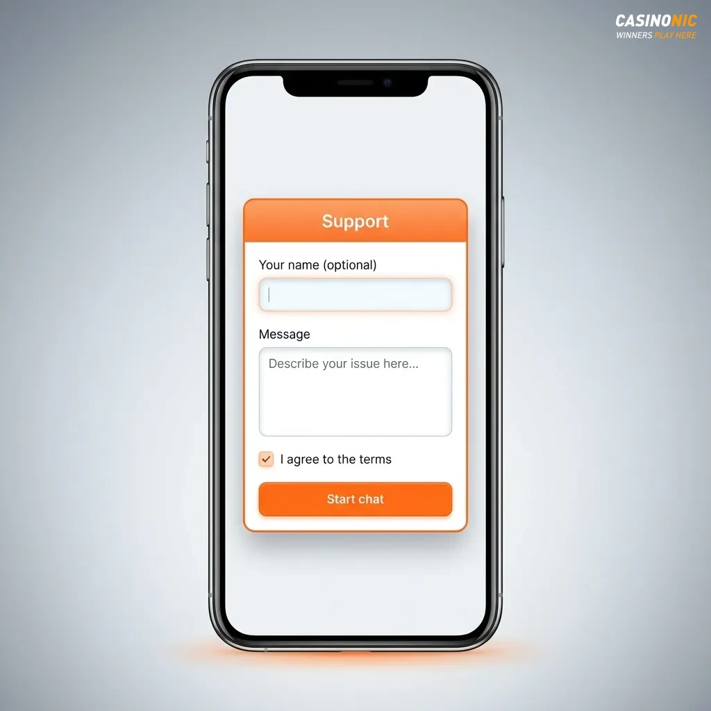 Smartphone screen showing Casinonic customer support options: live chat, email, and FAQ available 24/7