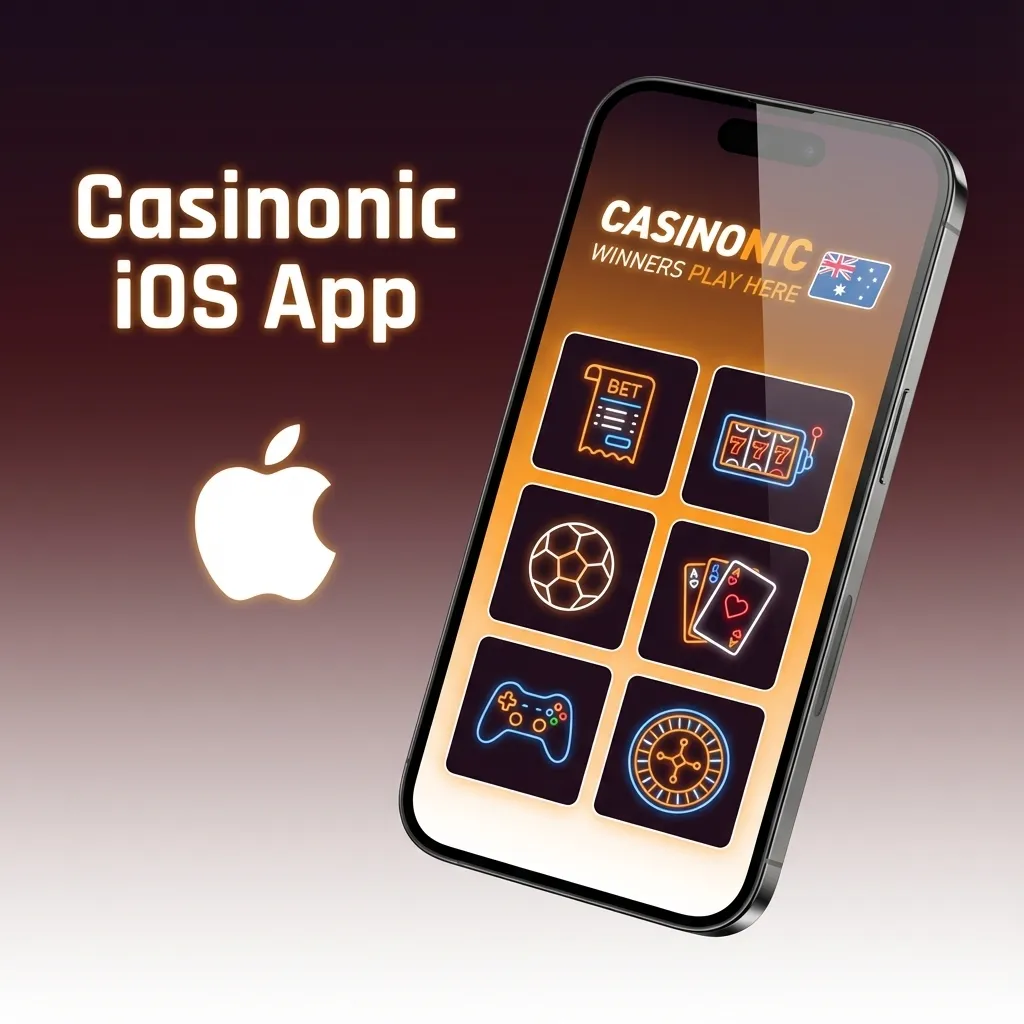 Casinonic iOS app interface on an iPhone showing pokies, live casino, sports betting, and support options for Australian users