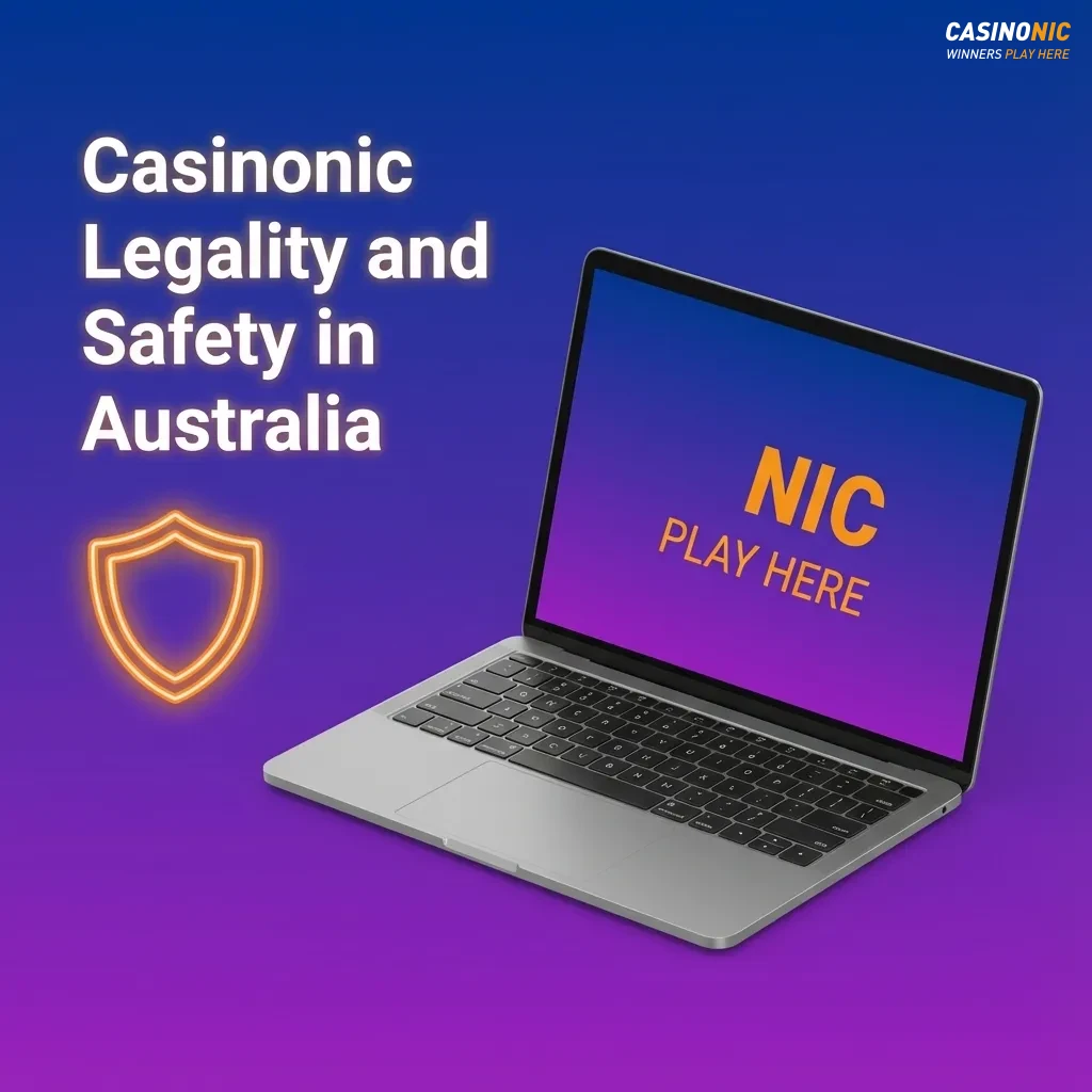 Illustration of Casinonic online casino legality and safety in Australia, with licence, SSL security and responsible gaming icons