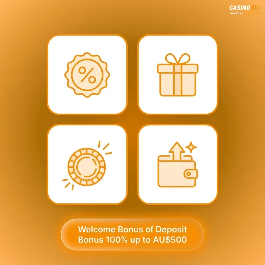 Welcome bonus banner showing 100% first deposit match up to AU$500 for new Australian casino players
