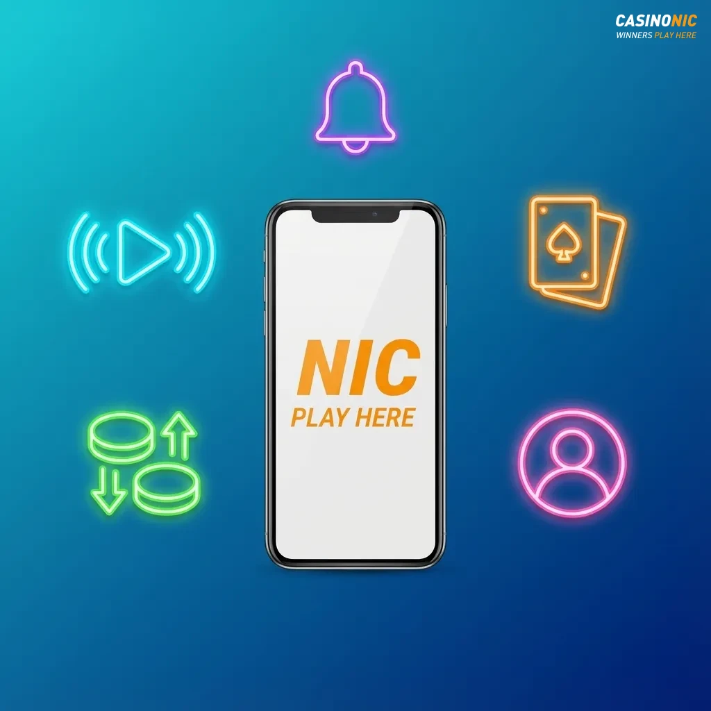 Smartphone screen showing Casinonic mobile app features for Aussies: pokies, sports betting, AUD support, welcome bonus, 24/7 help