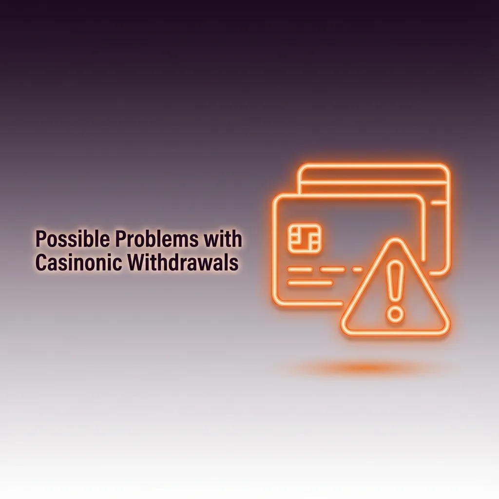 Illustration of Casinonic withdrawal issues with icons for verification, bonus wagering, limits, bank delays, and security checks