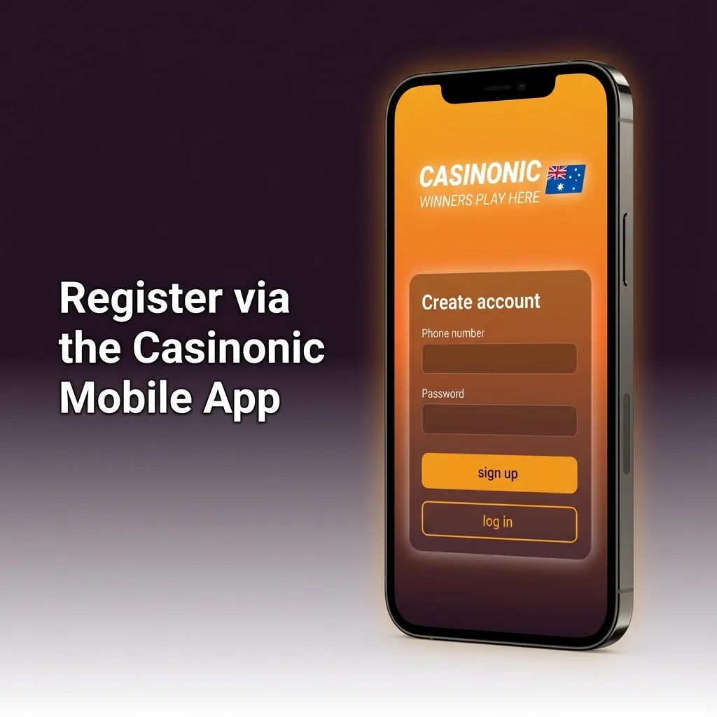 Smartphone showing Casinonic mobile app sign-up steps with buttons for email, phone, social and one-click registration