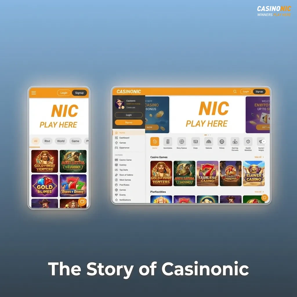 Illustrated timeline of Casinonic’s growth, showing founder, HQ, Aussie sports icons, and casino games on a digital platform