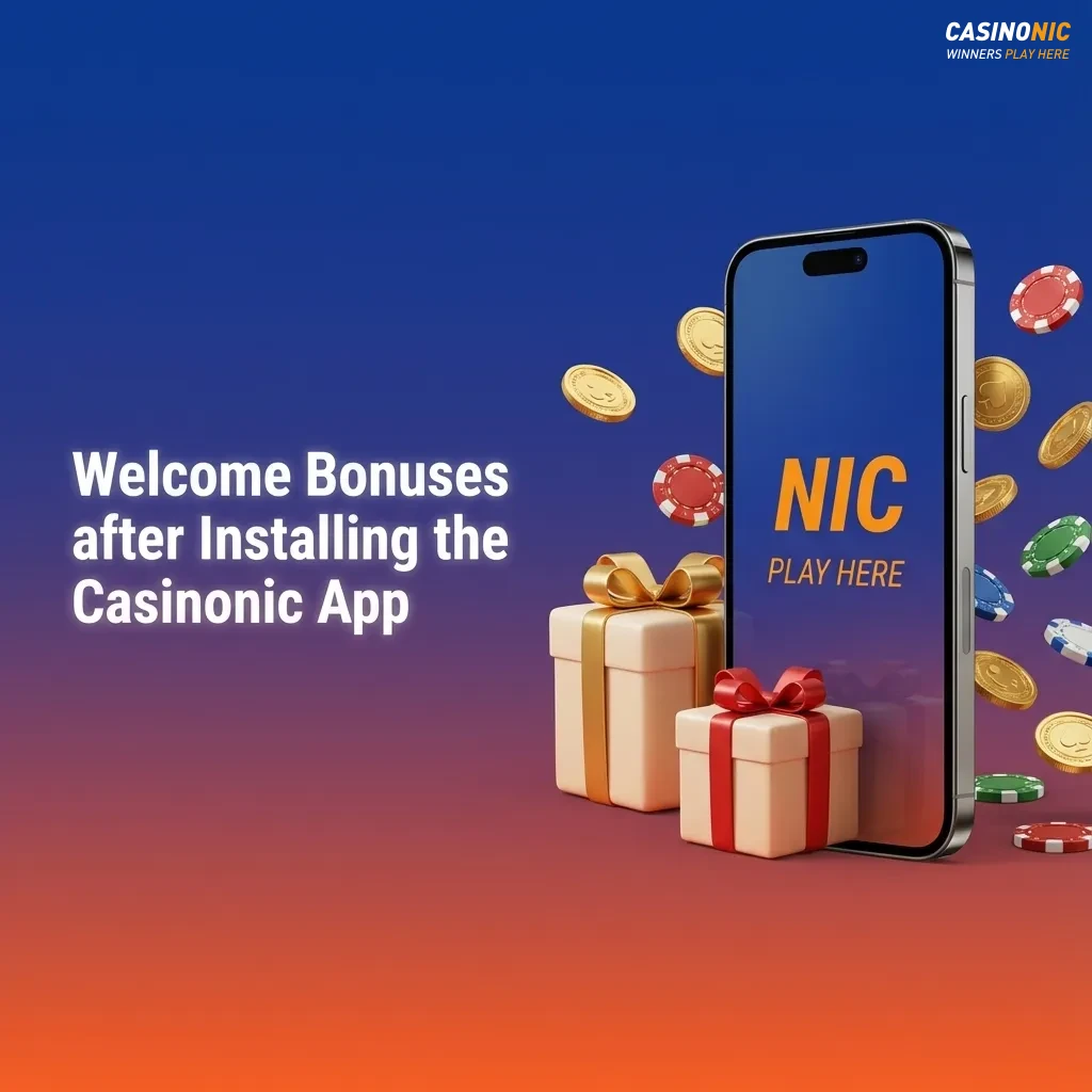 Casinonic app welcome bonus screen showing 100% deposit match up to AU$500 and highlighted mobile promo details