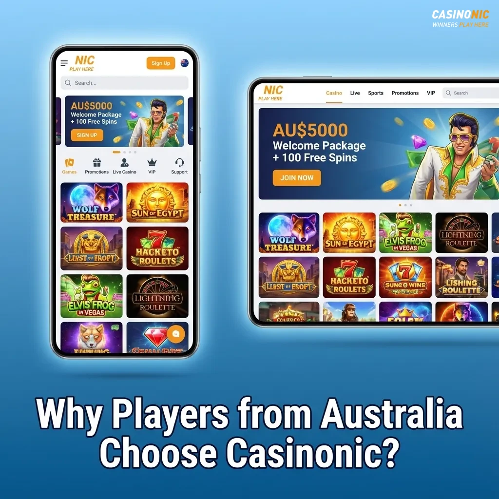 Australian player on phone using Casinonic casino, showing AUD banking, pokies, live tables and fast payouts on mobile screen