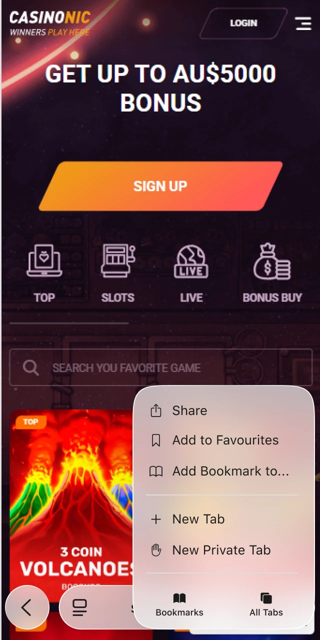 Tap the share button to configure your Casinonic App access.