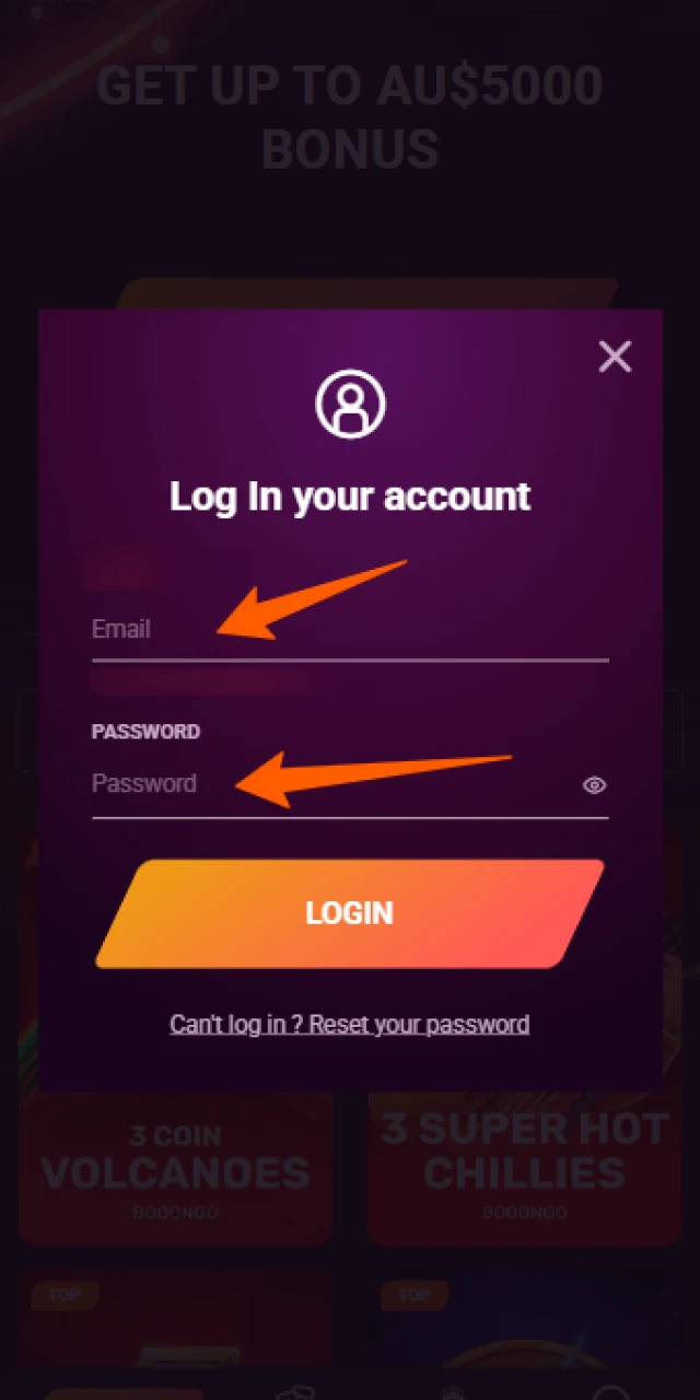 Input your personal account credentials into the mobile Casinonic App.