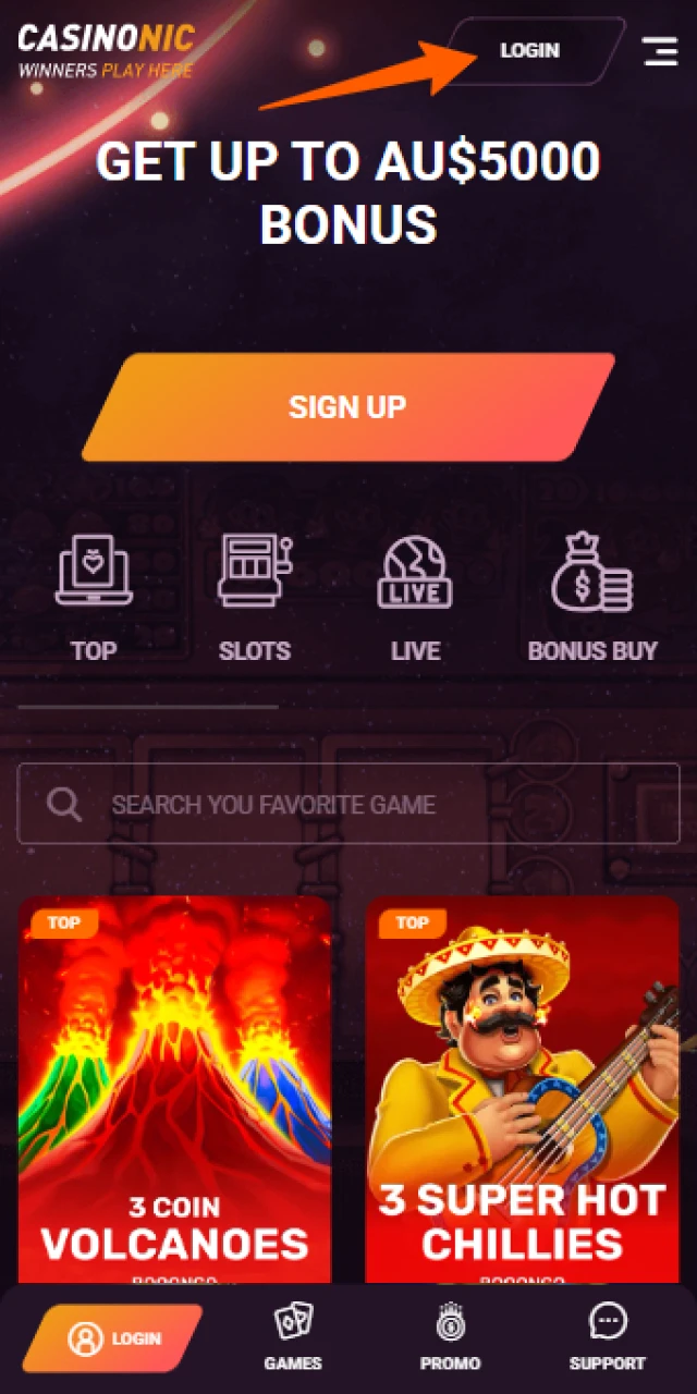 Press the login button in the Casinonic App to enter.