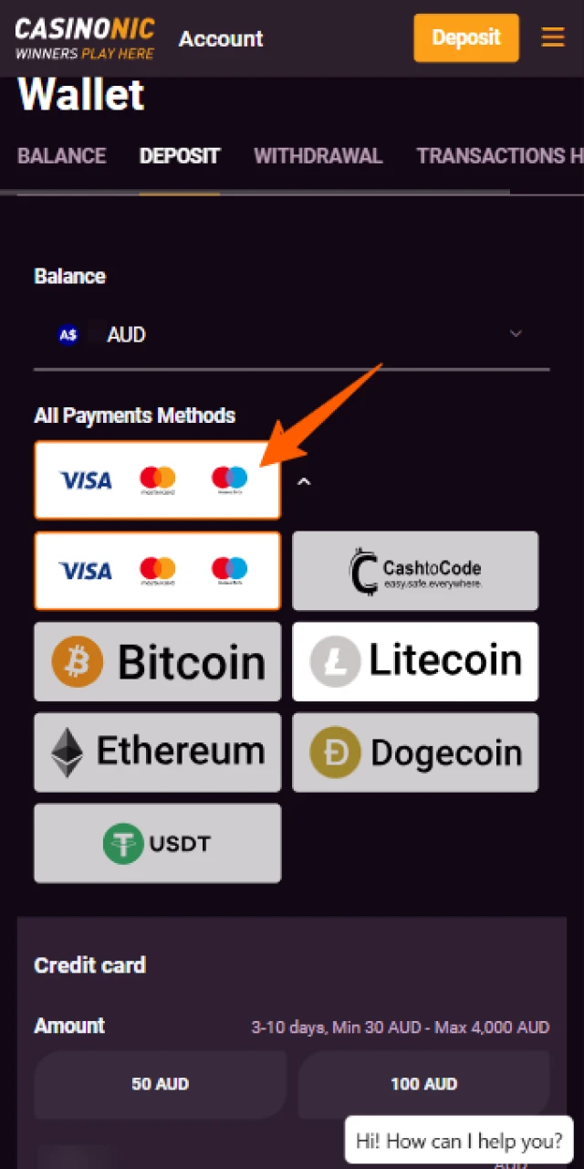 Select a secure banking method inside the Casinonic App now.