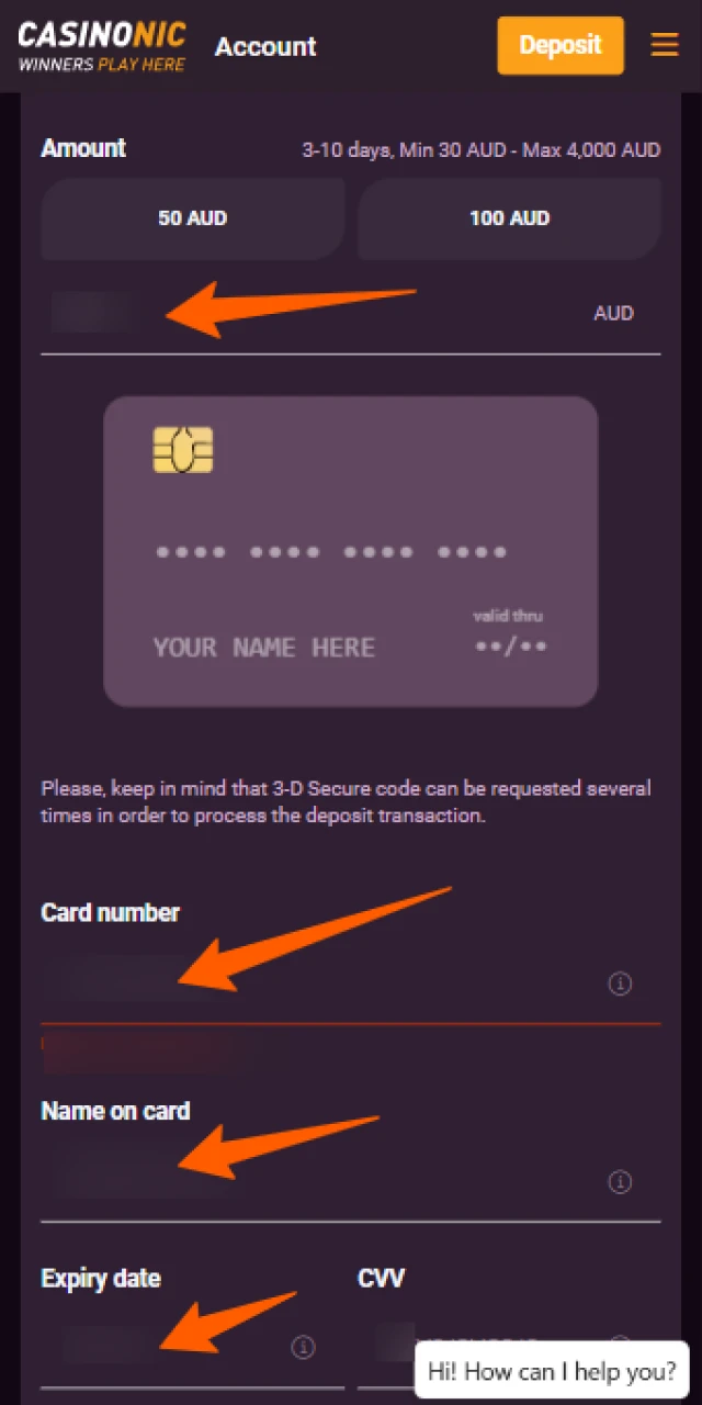 Enter your chosen deposit amount through the mobile Casinonic App.