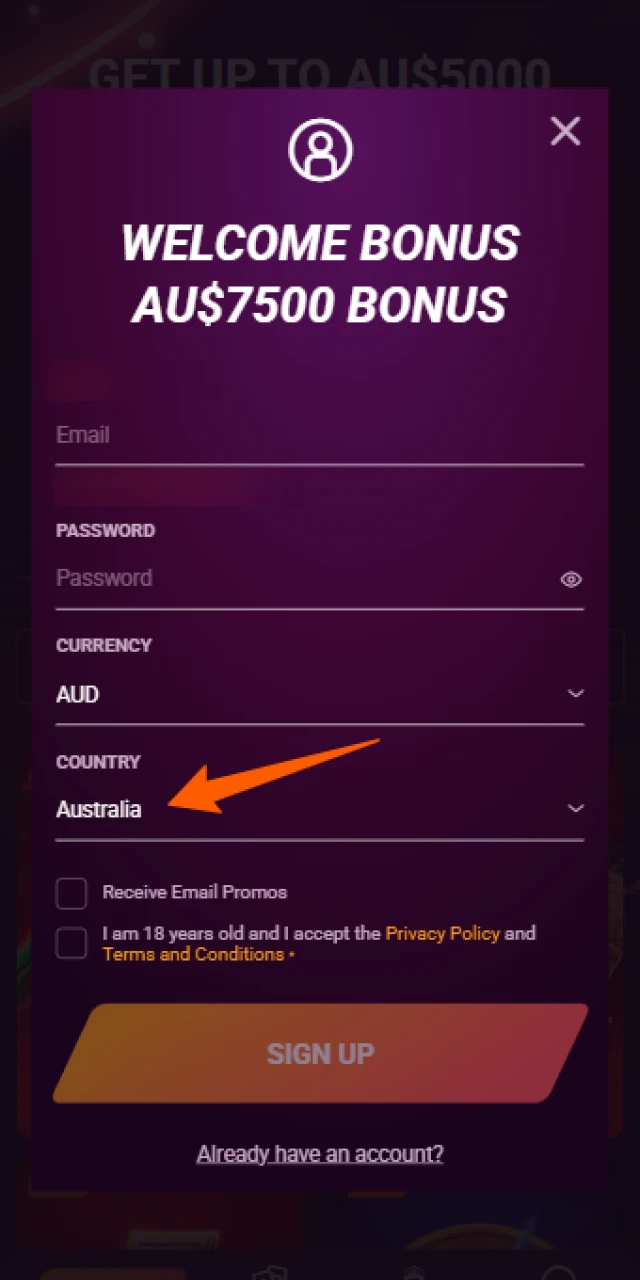 Enter your account details to sign up via Casinonic App.