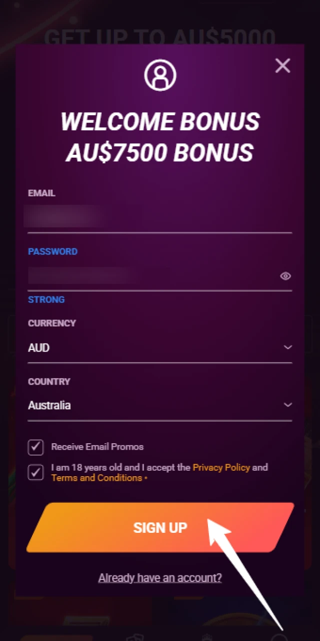 Submit your registration and verify your Casinonic App account quickly.