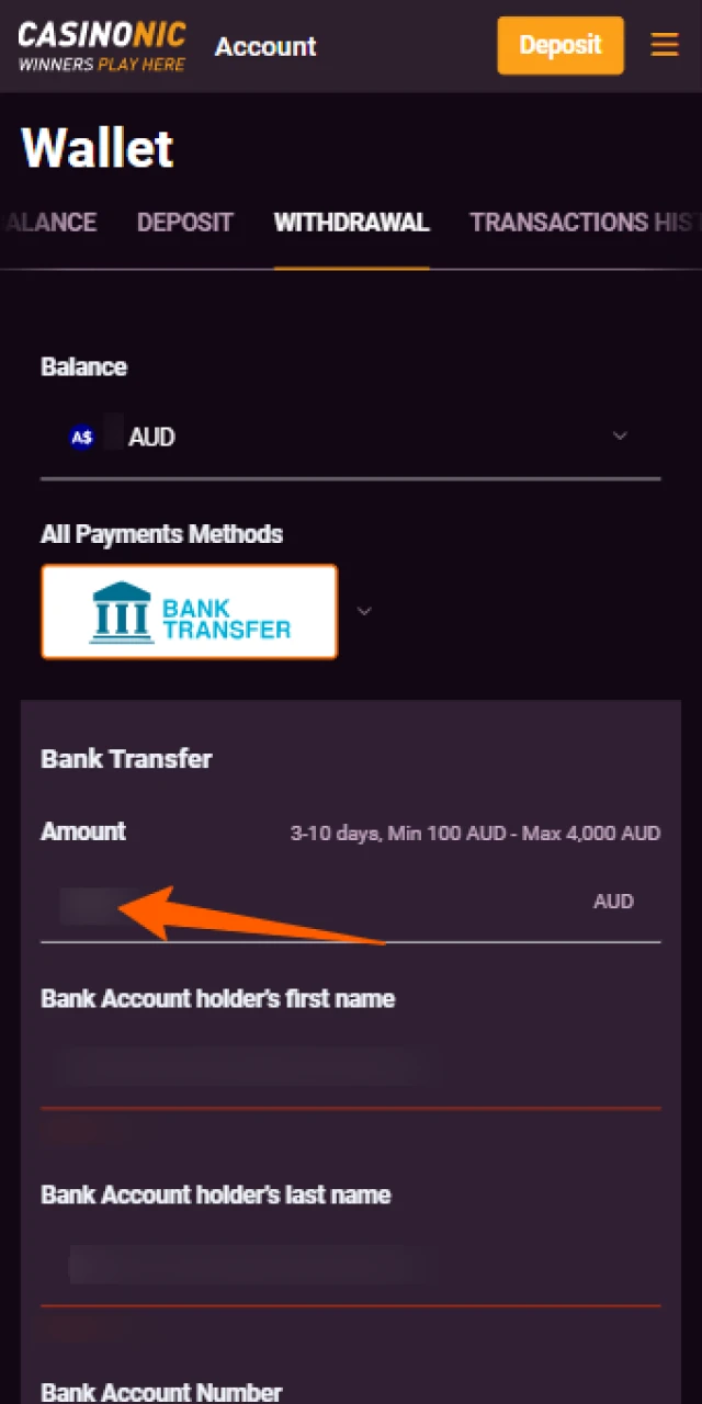 Input your desired withdrawal amount into the Casinonic App form.