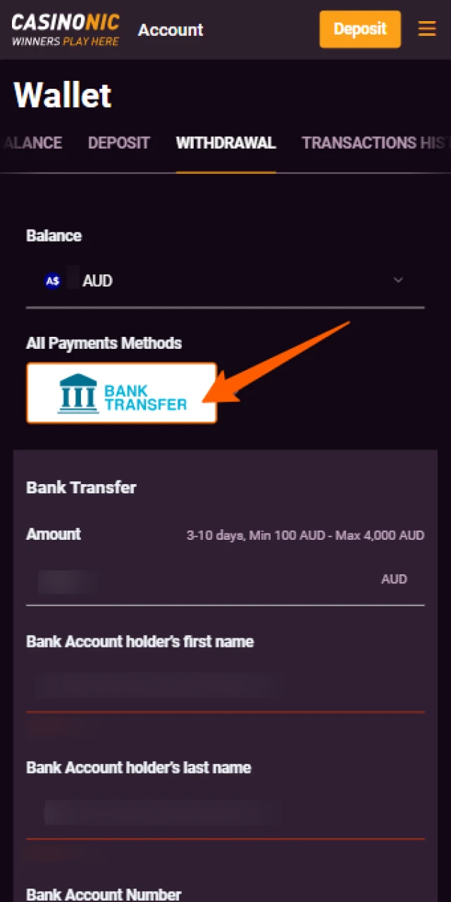 Select your preferred withdrawal method within the mobile Casinonic App.