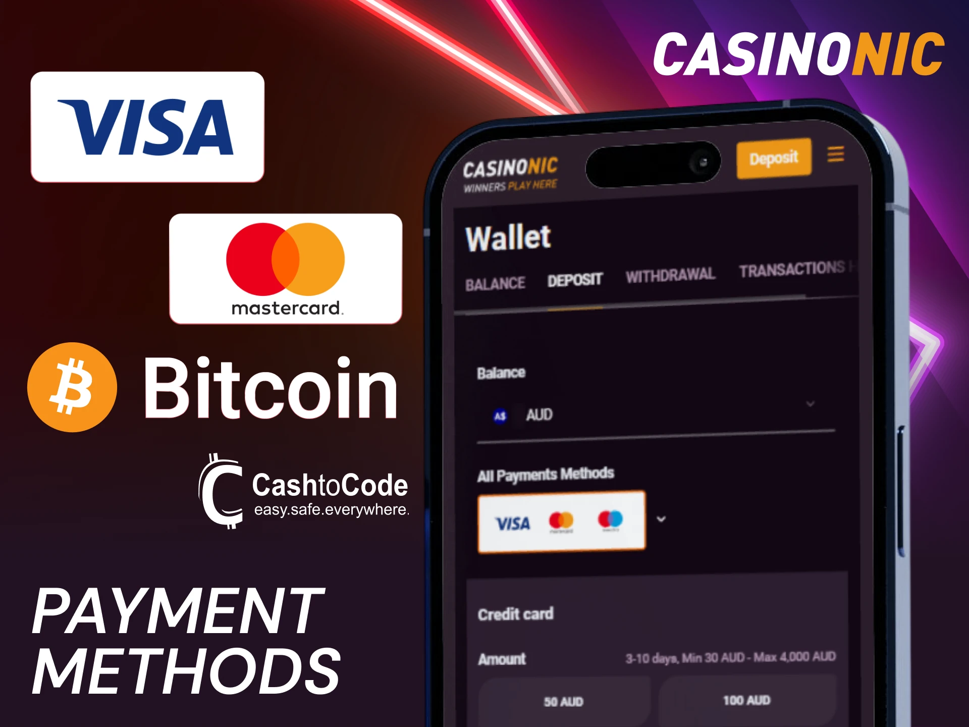 Use secure payment methods within the Casinonic App in Australia.