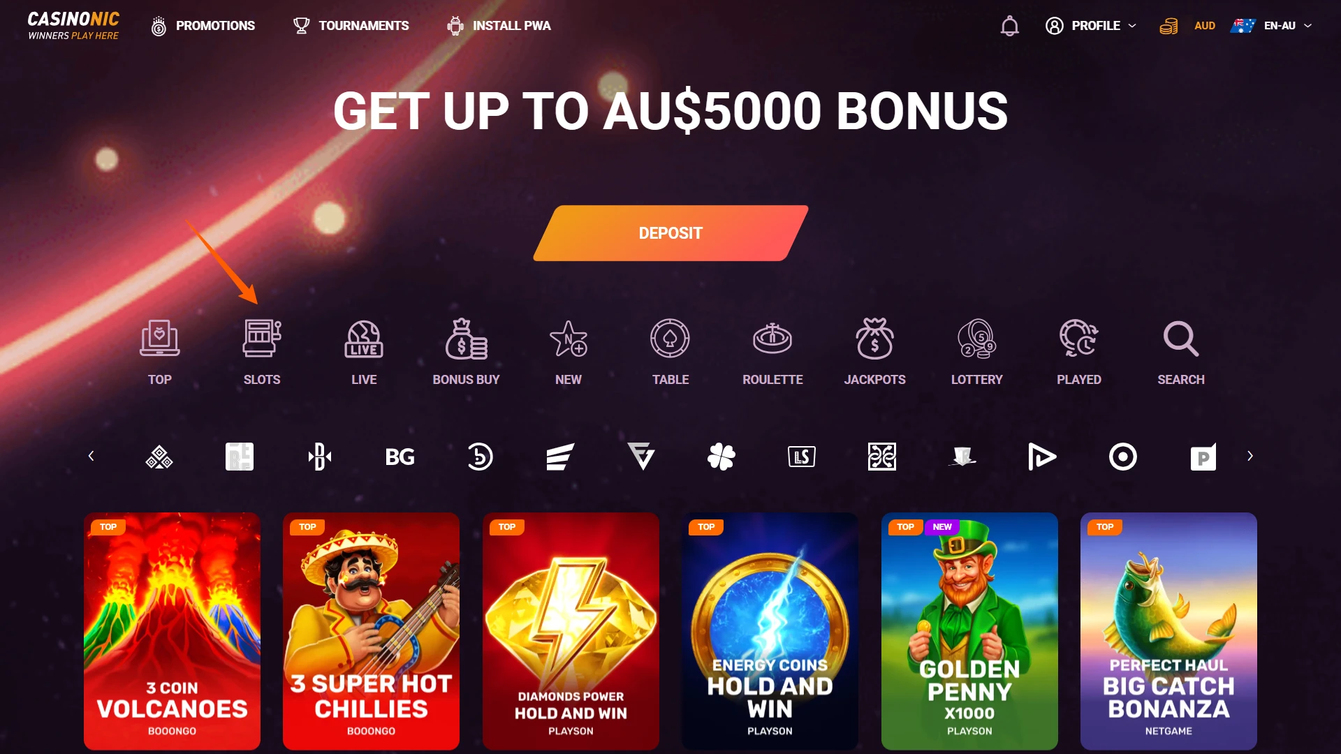 Choose a game category on the Casinonic website and find favorites.
