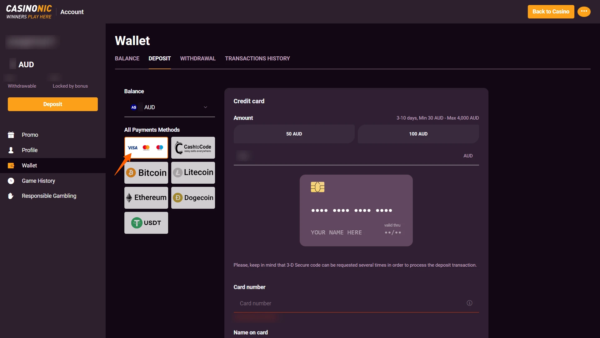 Visit the Casinonic website cashier to manage your gaming balance.