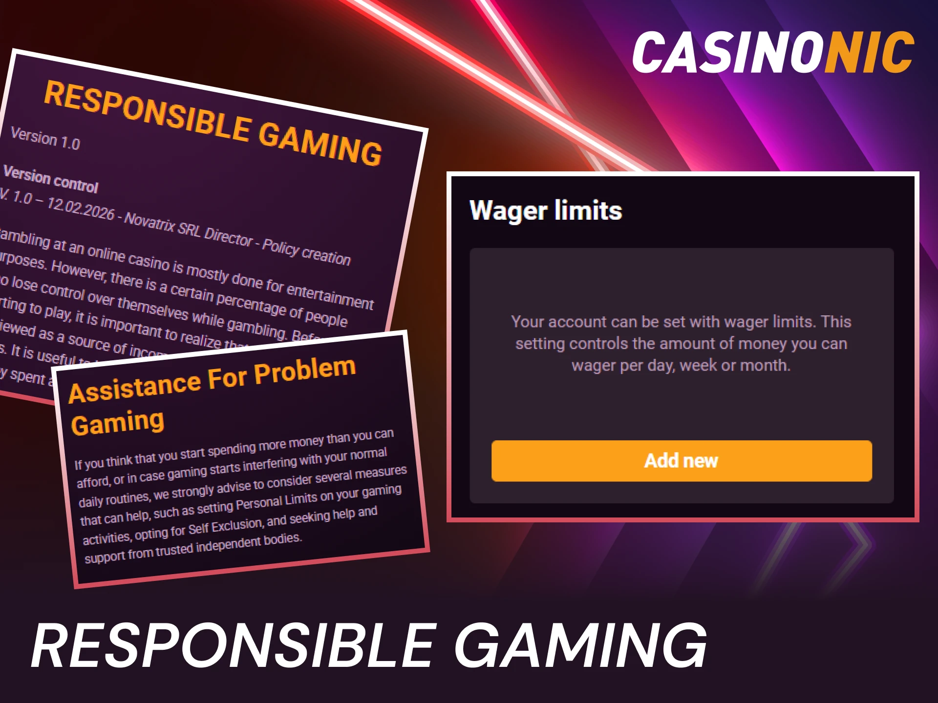 Practice responsible gaming while enjoying your time on the Casinonic website.