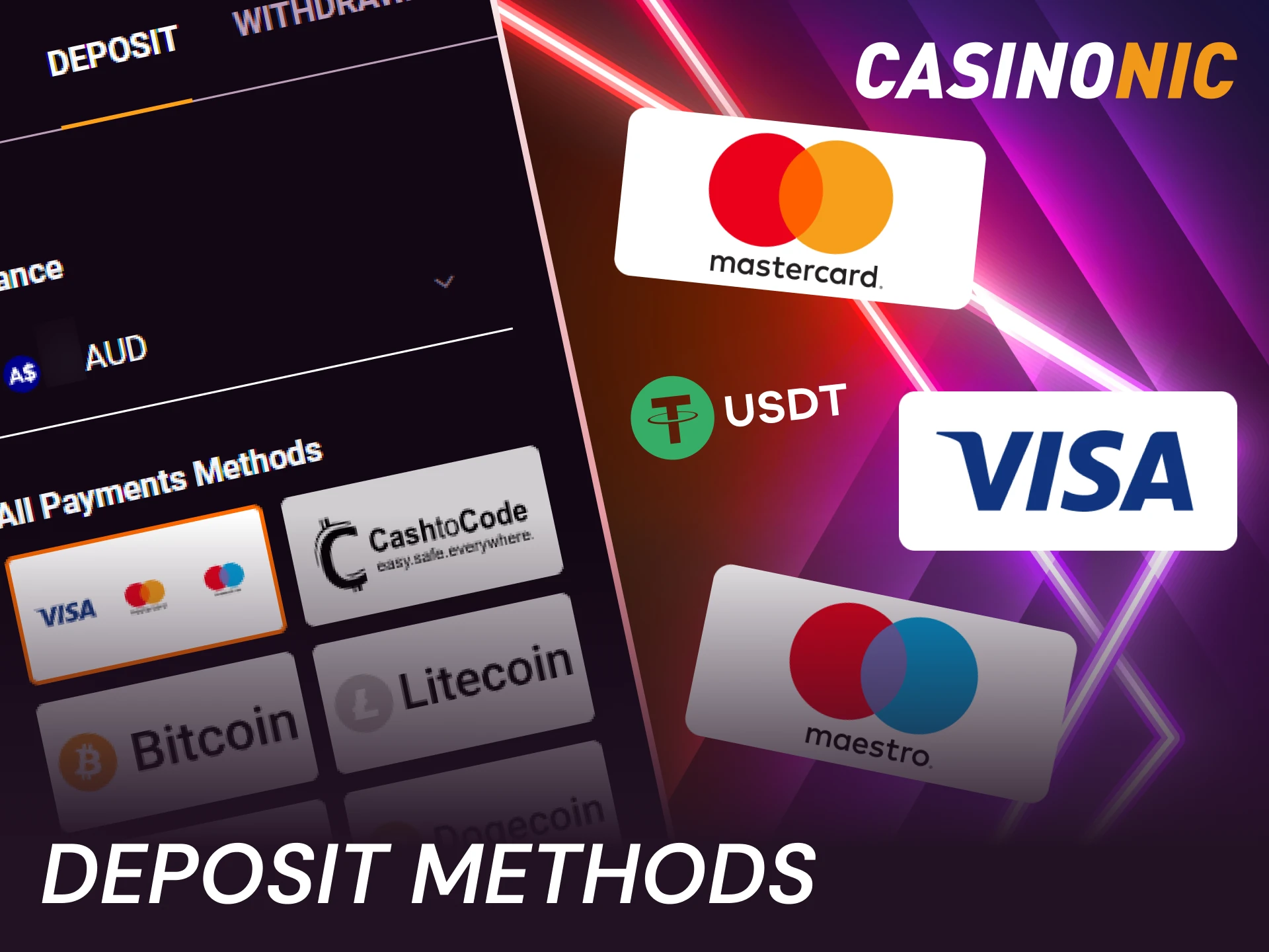 Choose from the most popular Casinonic Deposit and Withdrawal Methods available now.