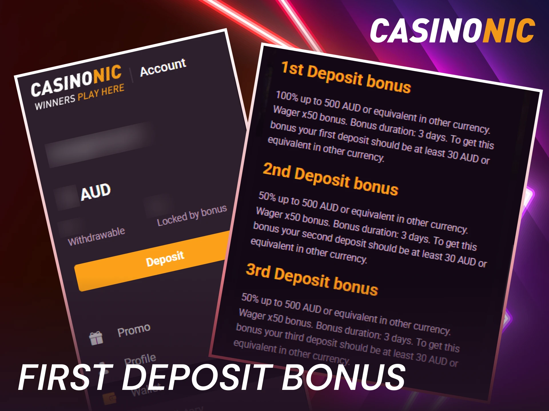 Make your initial transaction using Casinonic Deposit and Withdrawal Methods for rewards.