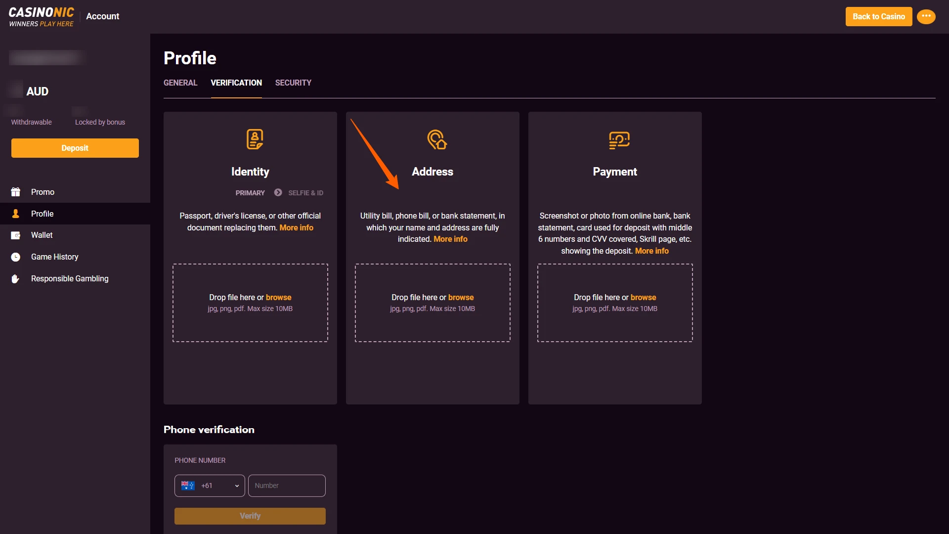 Confirm your residence address for a secure Casinonic Registration and Login.