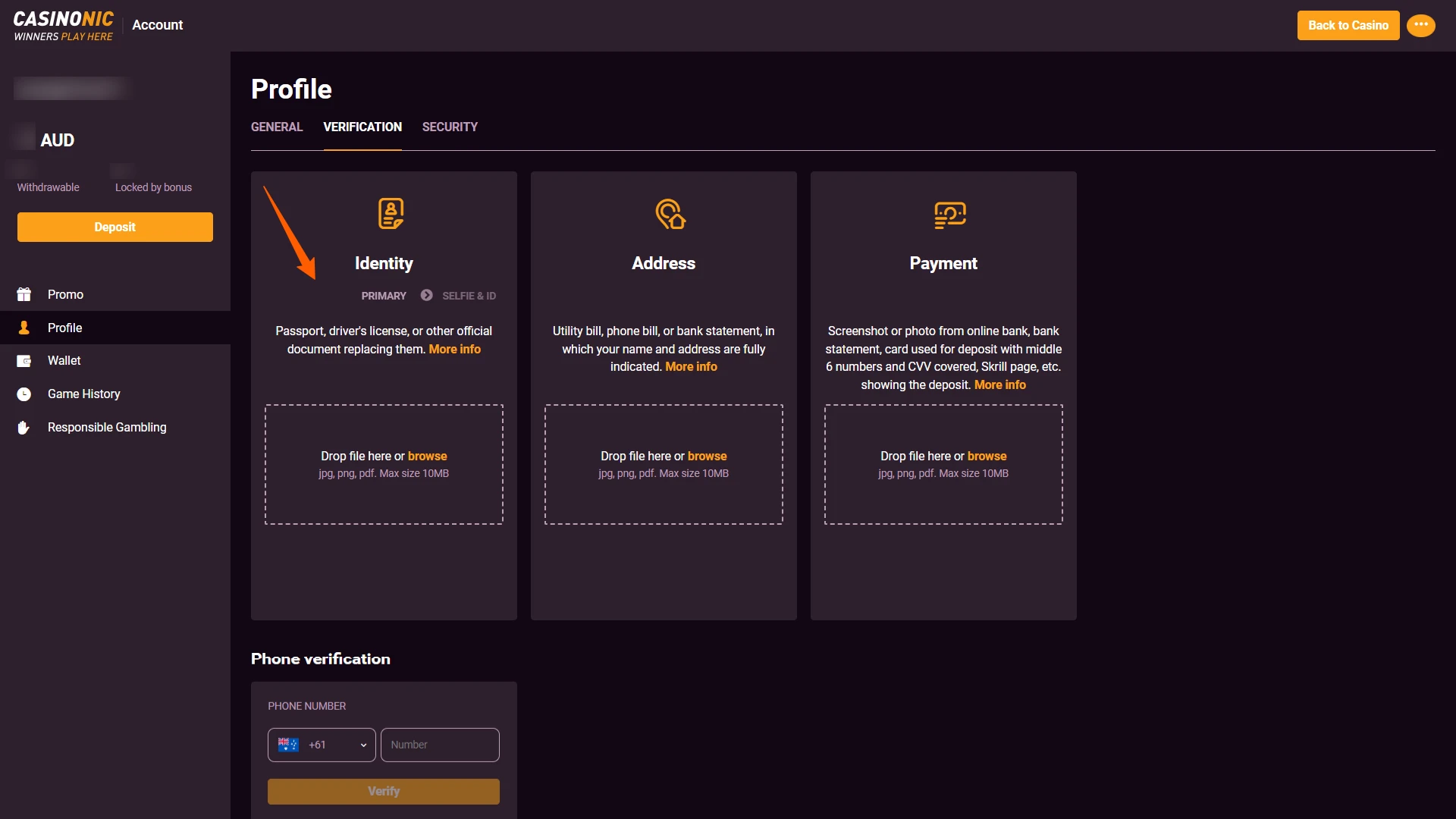 Upload your documents to finalize the Casinonic Registration and Login process.