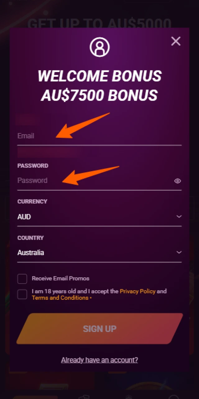 Select a preferred method for your Casinonic Registration in Australia.